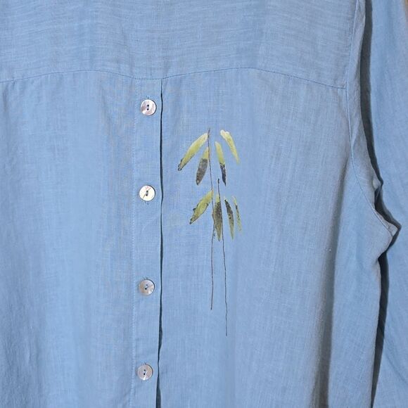 Odile Linen Blue Button Up Top Asian Artsy Size M Asymmetric Lagenlook - Picture 13 of 16